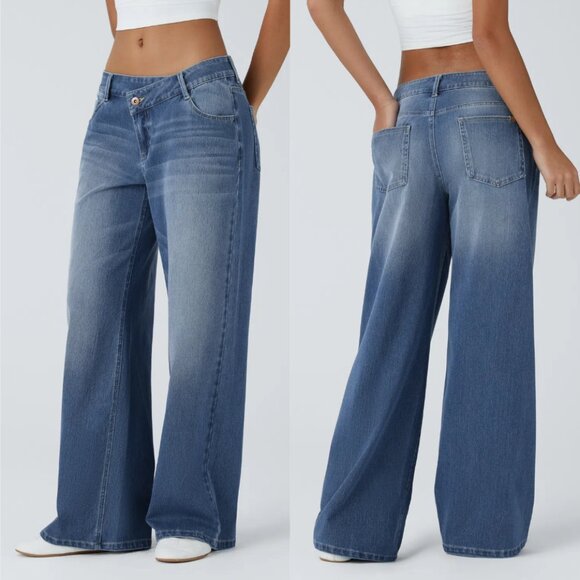 Halara Flex Asymmetric Low-Rise Wide Leg Jeans Blue Spruce | Stretch Denim | XL - Picture 3 of 3